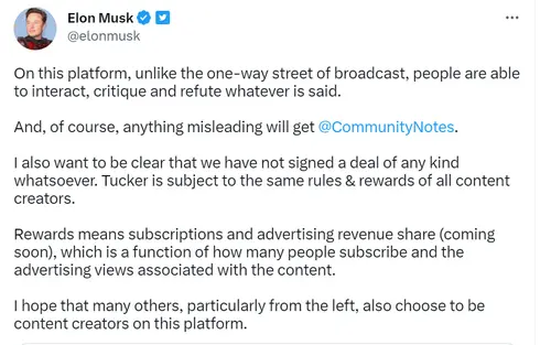 Elon Musk Tweet on Tucker Carlson Collaboration - Revival Nation - Blog